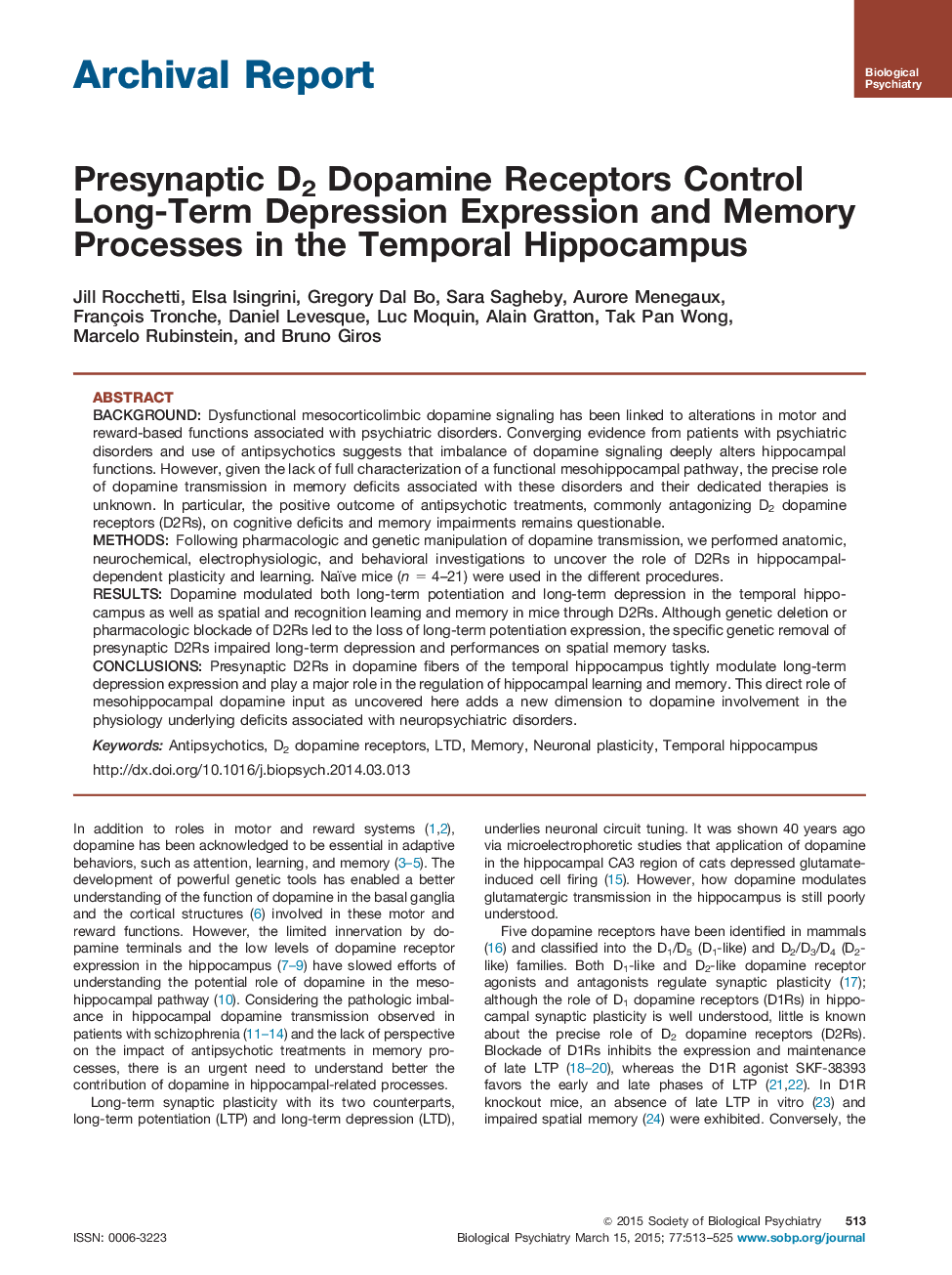 Presynaptic D2 Dopamine Receptors Control Long-Term Depression Expression and Memory Processes in the Temporal Hippocampus