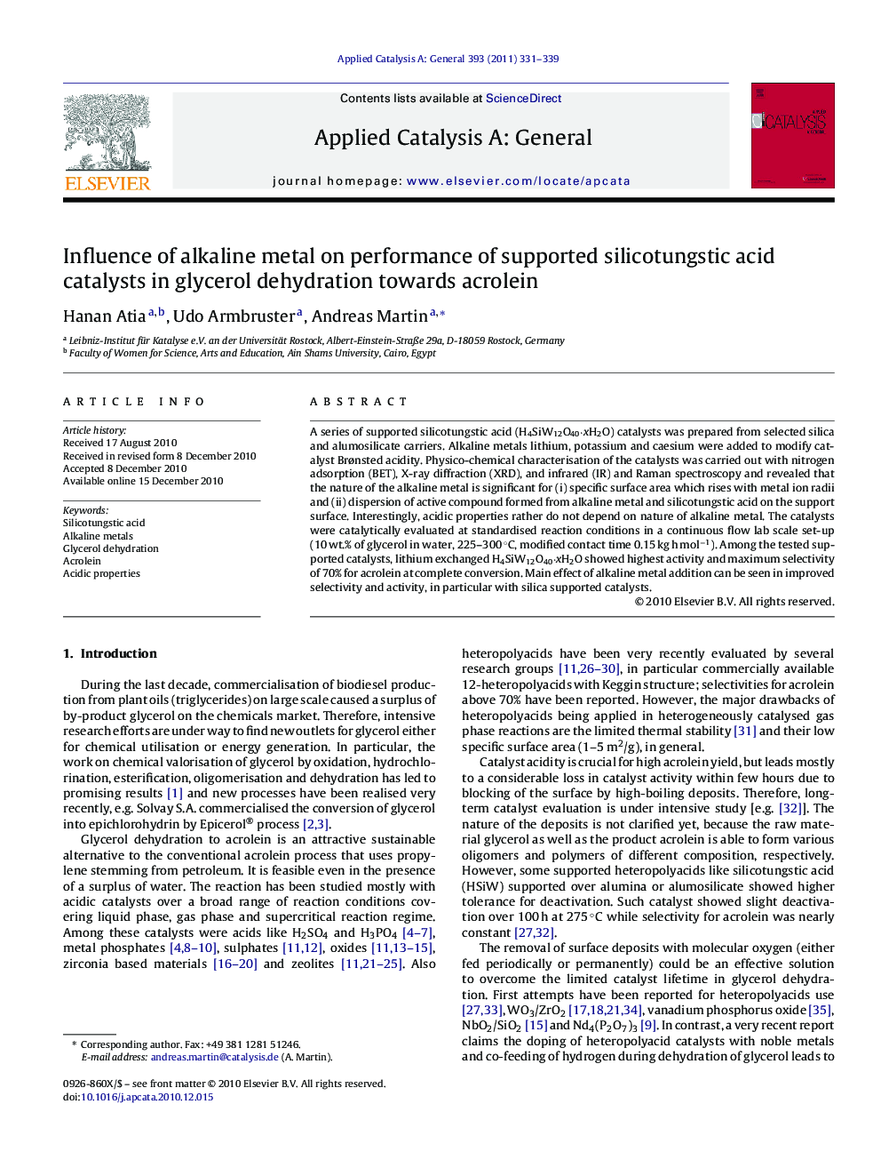 Influence of alkaline metal on performance of supported silicotungstic acid catalysts in glycerol dehydration towards acrolein