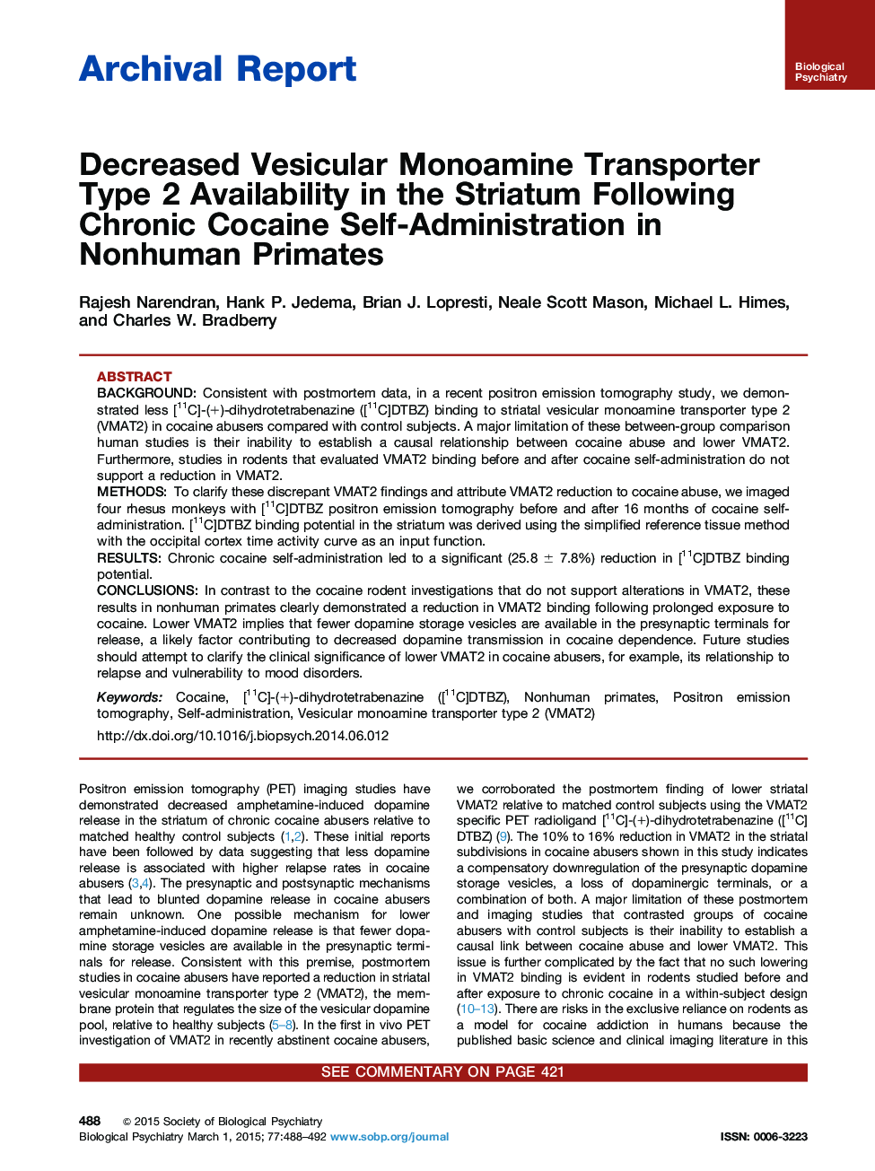 Decreased Vesicular Monoamine Transporter Type 2 Availability in the Striatum Following Chronic Cocaine Self-Administration in Nonhuman Primates