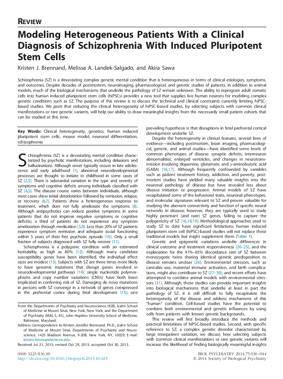 Modeling Heterogeneous Patients With a Clinical Diagnosis of Schizophrenia With Induced Pluripotent Stem Cells