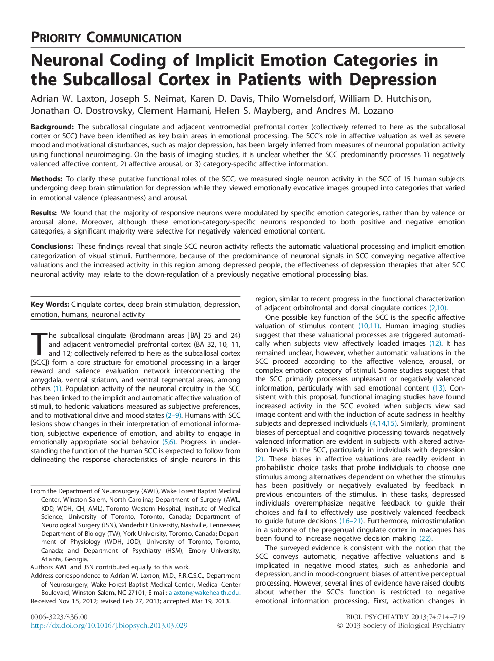 Neuronal Coding of Implicit Emotion Categories in the Subcallosal Cortex in Patients with Depression