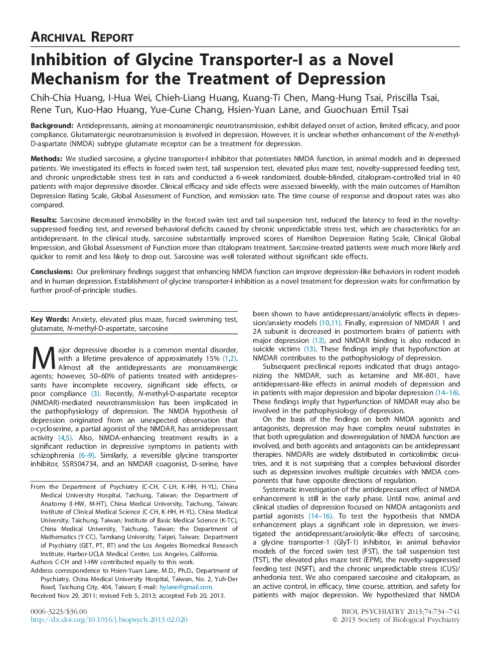 Inhibition of Glycine Transporter-I as a Novel Mechanism for the Treatment of Depression 