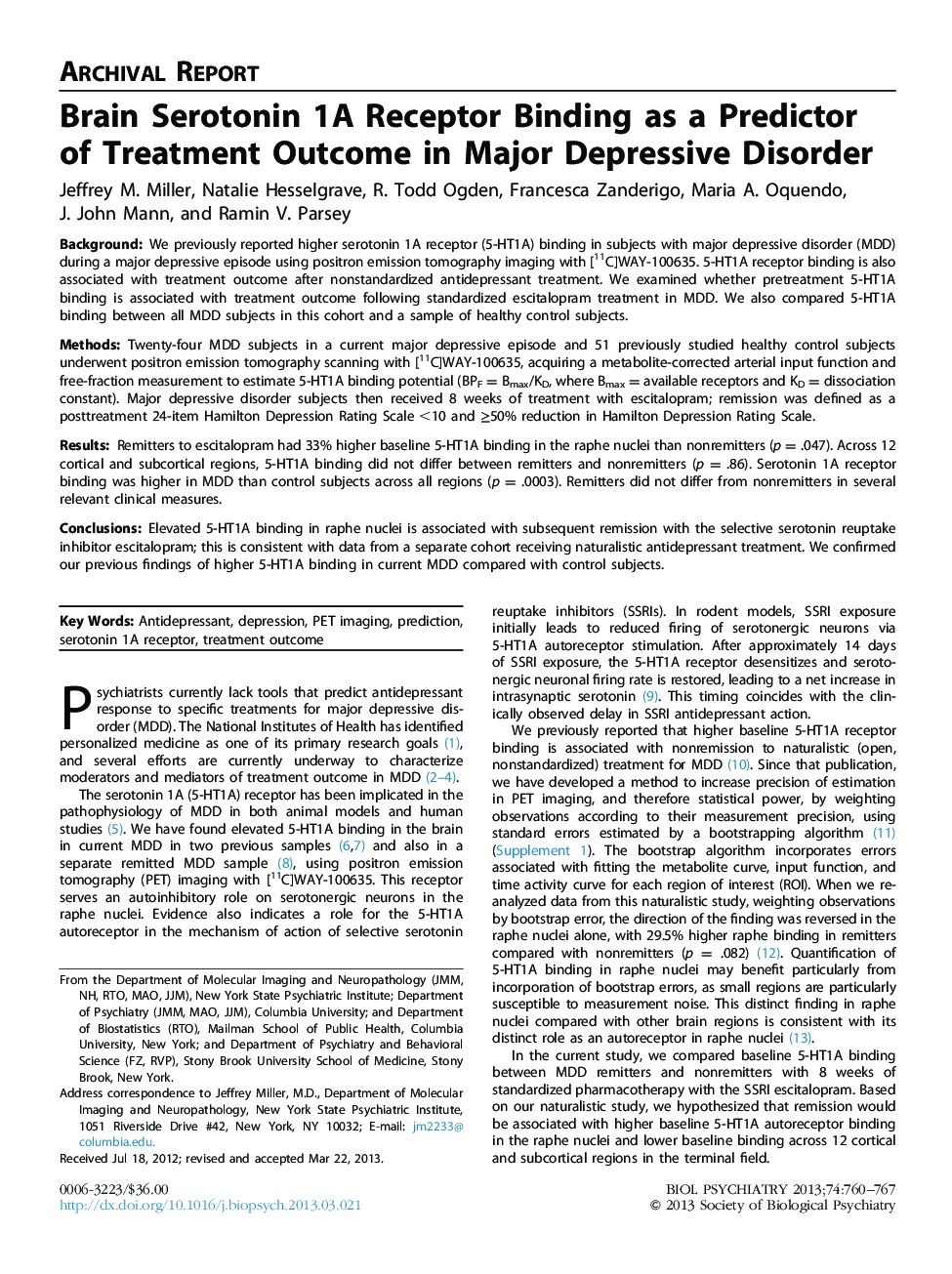 Brain Serotonin 1A Receptor Binding as a Predictor of Treatment Outcome in Major Depressive Disorder