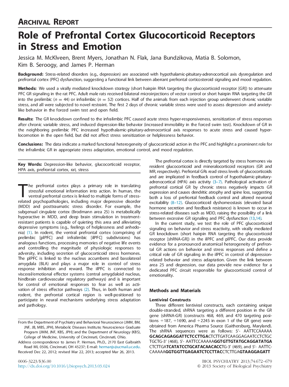 Role of Prefrontal Cortex Glucocorticoid Receptors in Stress and Emotion