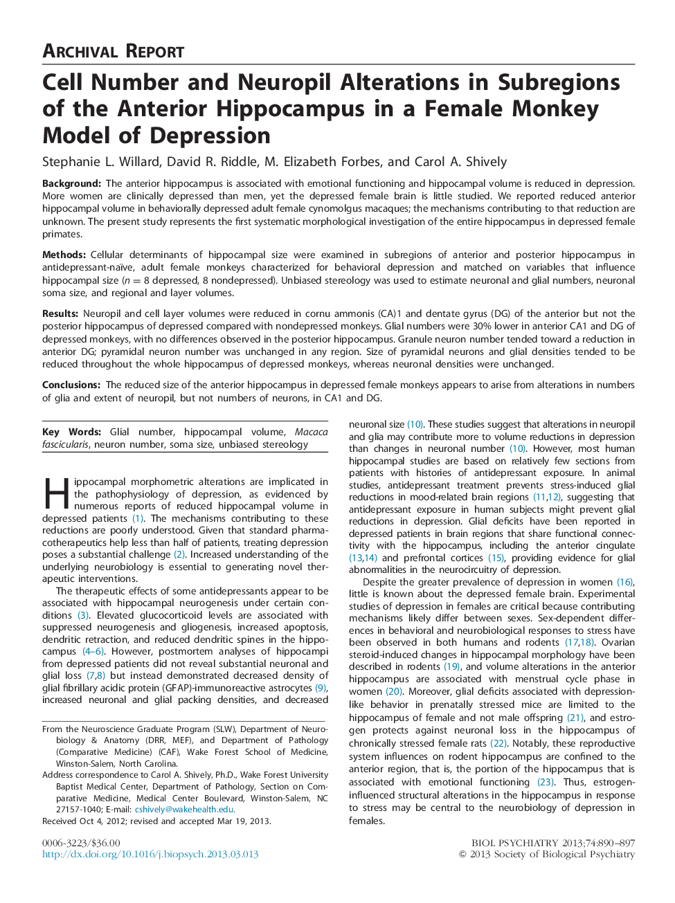 Cell Number and Neuropil Alterations in Subregions of the Anterior Hippocampus in a Female Monkey Model of Depression