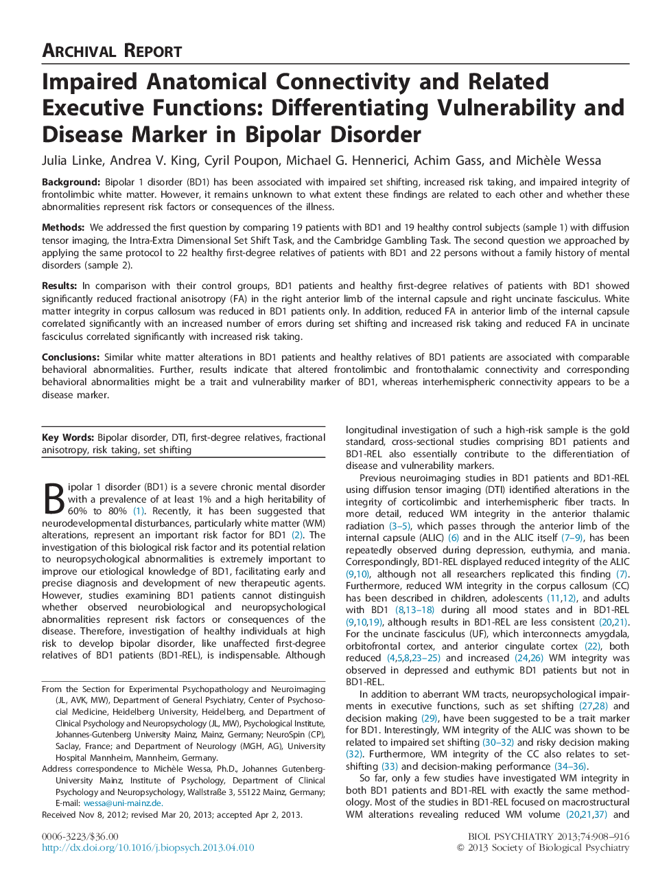 Impaired Anatomical Connectivity and Related Executive Functions: Differentiating Vulnerability and Disease Marker in Bipolar Disorder