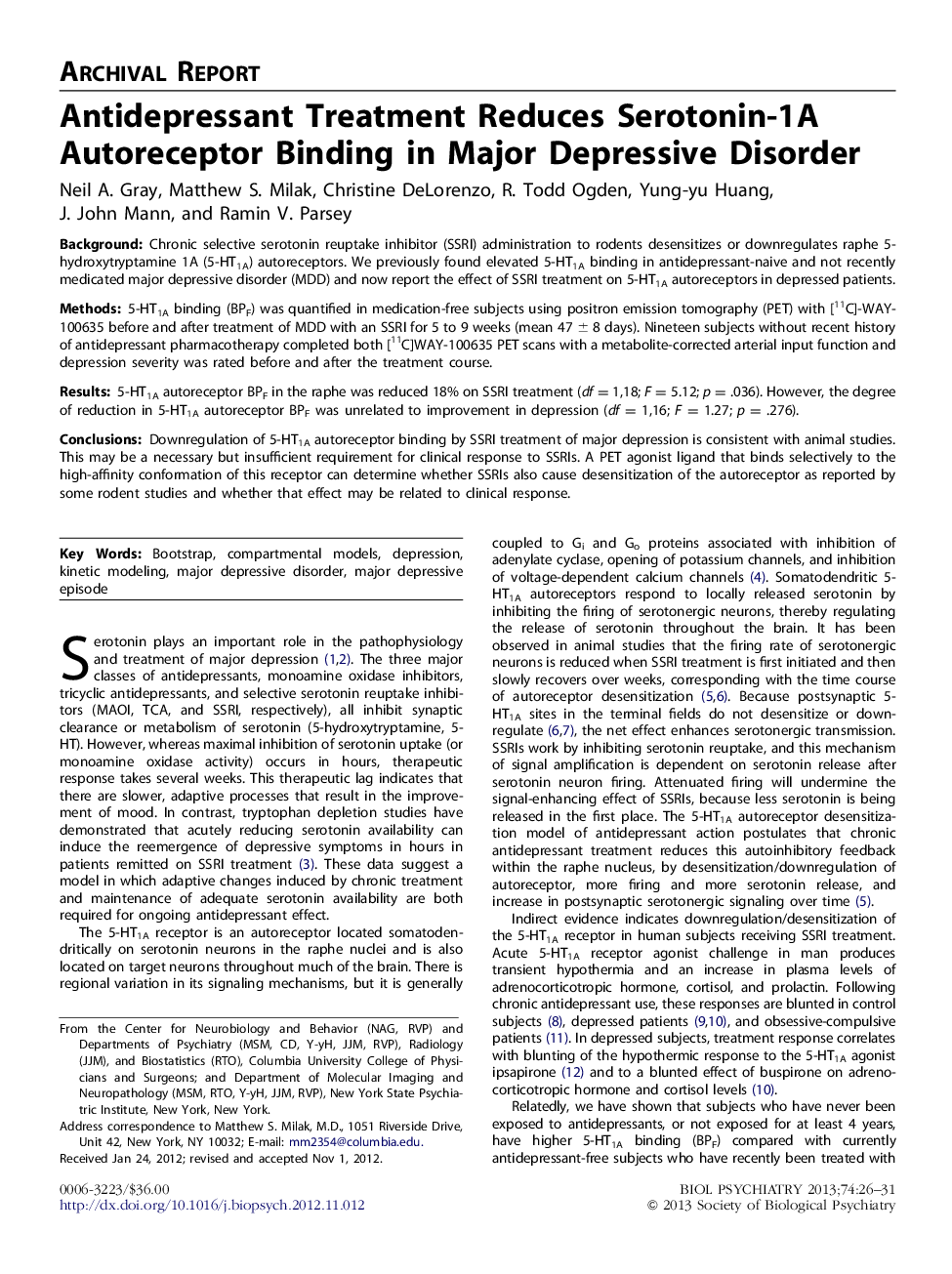 Antidepressant Treatment Reduces Serotonin-1A Autoreceptor Binding in Major Depressive Disorder