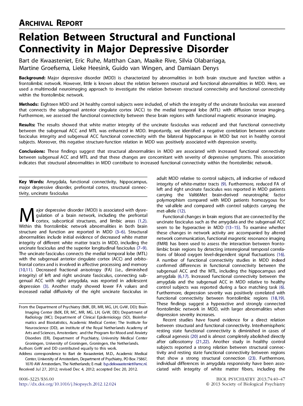 Relation Between Structural and Functional Connectivity in Major Depressive Disorder 