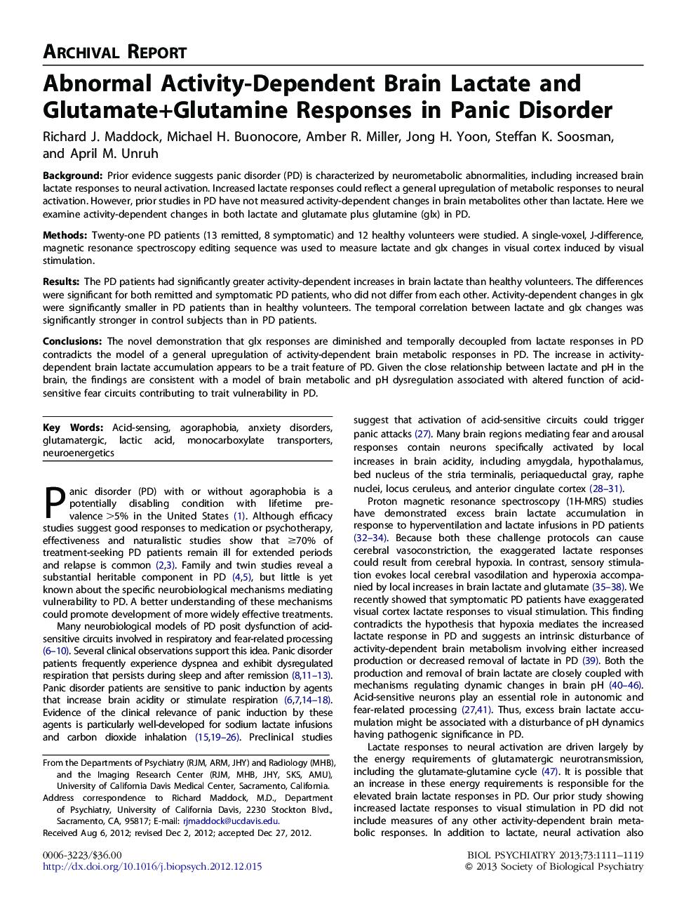 Abnormal Activity-Dependent Brain Lactate and Glutamate+Glutamine Responses in Panic Disorder