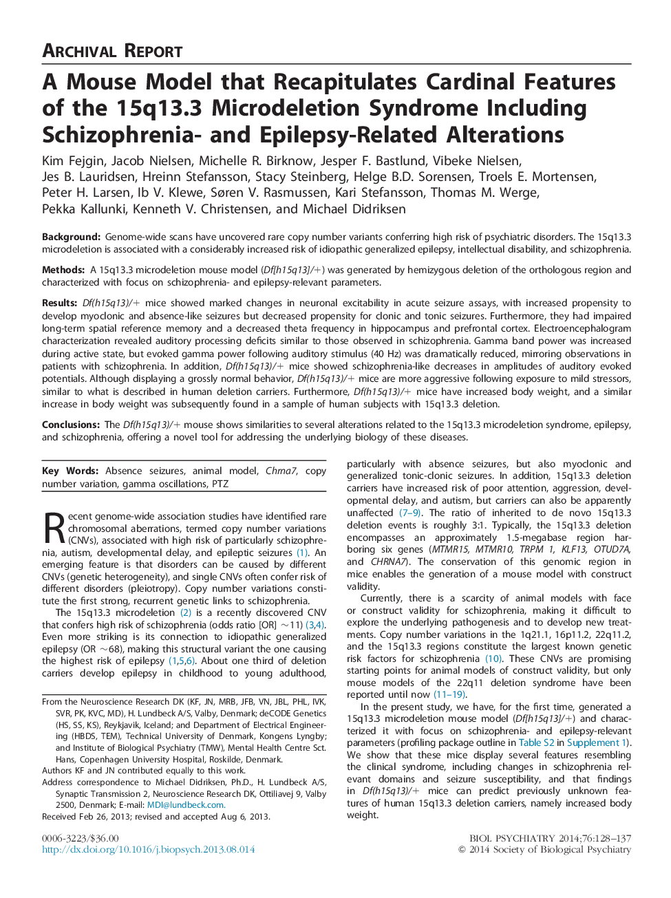 A Mouse Model that Recapitulates Cardinal Features of the 15q13.3 Microdeletion Syndrome Including Schizophrenia- and Epilepsy-Related Alterations 