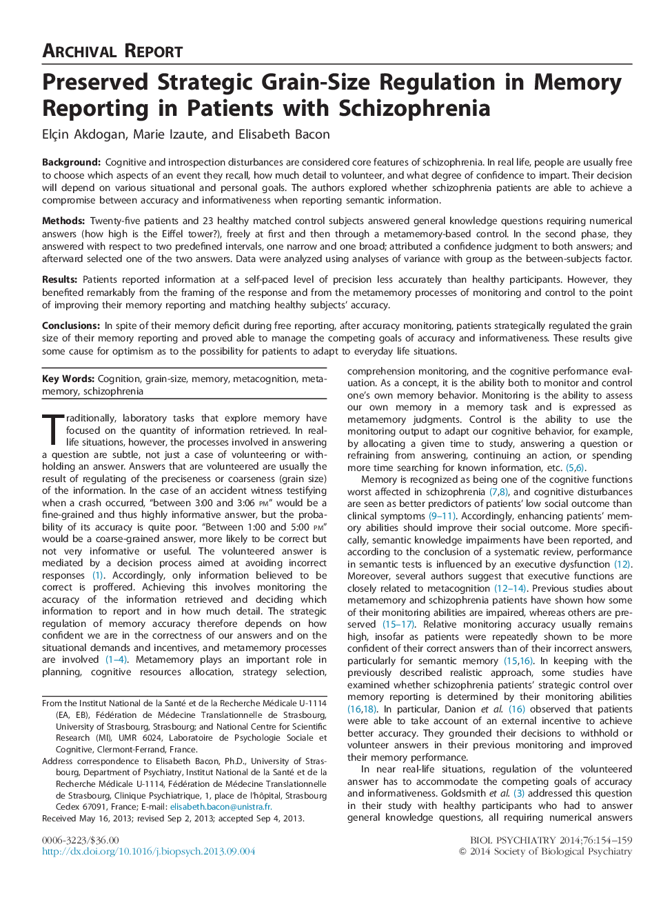 Preserved Strategic Grain-Size Regulation in Memory Reporting in Patients with Schizophrenia