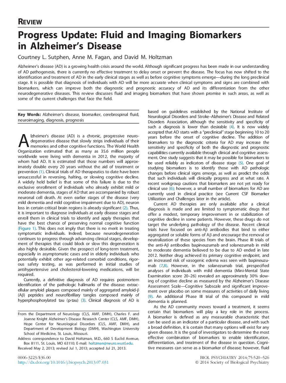 Progress Update: Fluid and Imaging Biomarkers in Alzheimer’s Disease