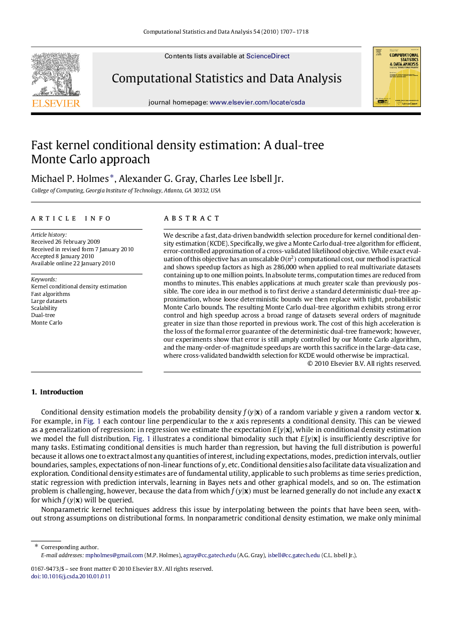 Fast kernel conditional density estimation: A dual-tree Monte Carlo approach