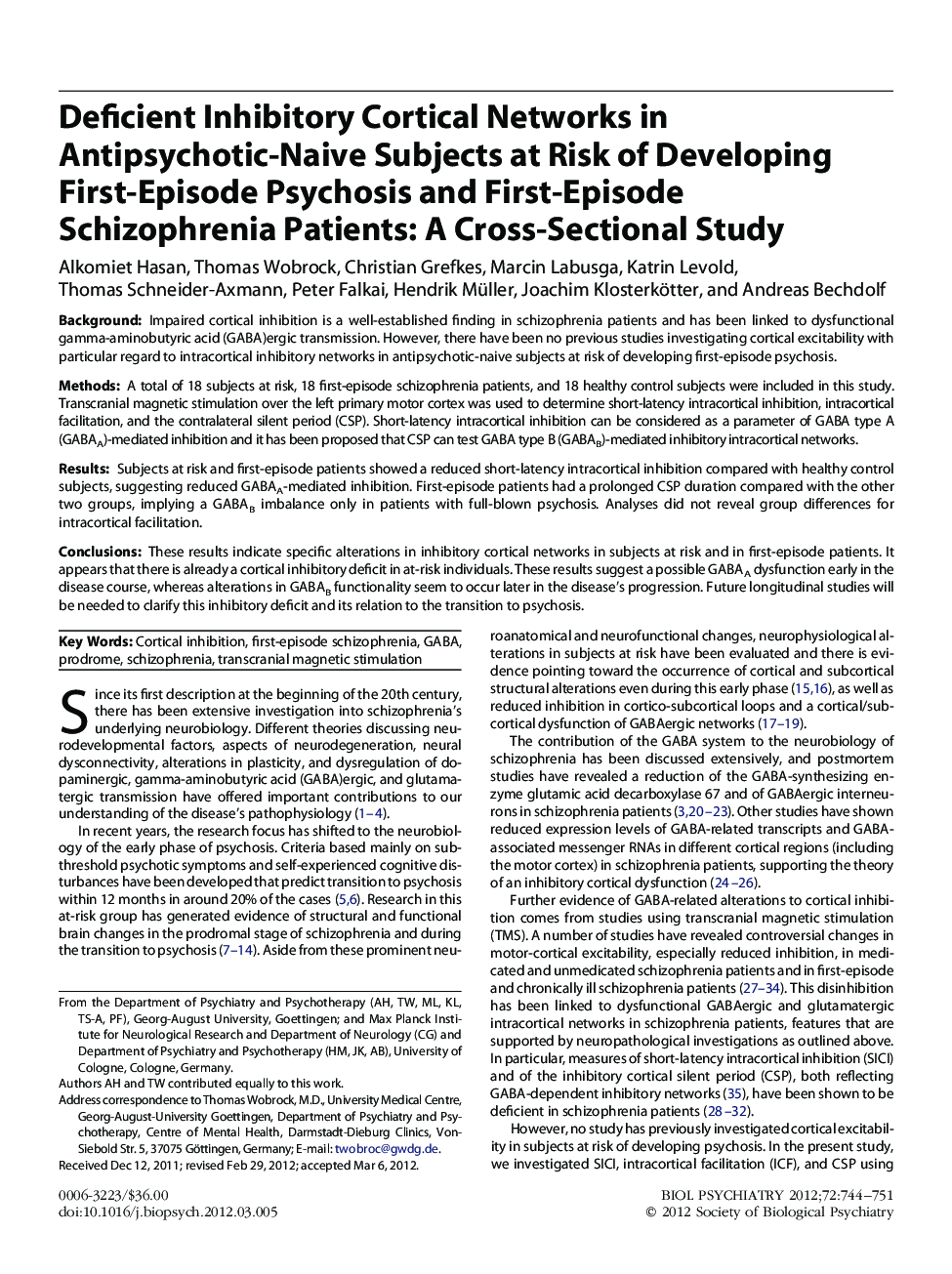 Deficient Inhibitory Cortical Networks in Antipsychotic-Naive Subjects at Risk of Developing First-Episode Psychosis and First-Episode Schizophrenia Patients: A Cross-Sectional Study 