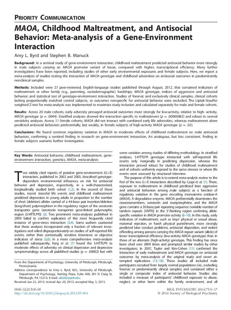 MAOA, Childhood Maltreatment, and Antisocial Behavior: Meta-analysis of a Gene-Environment Interaction