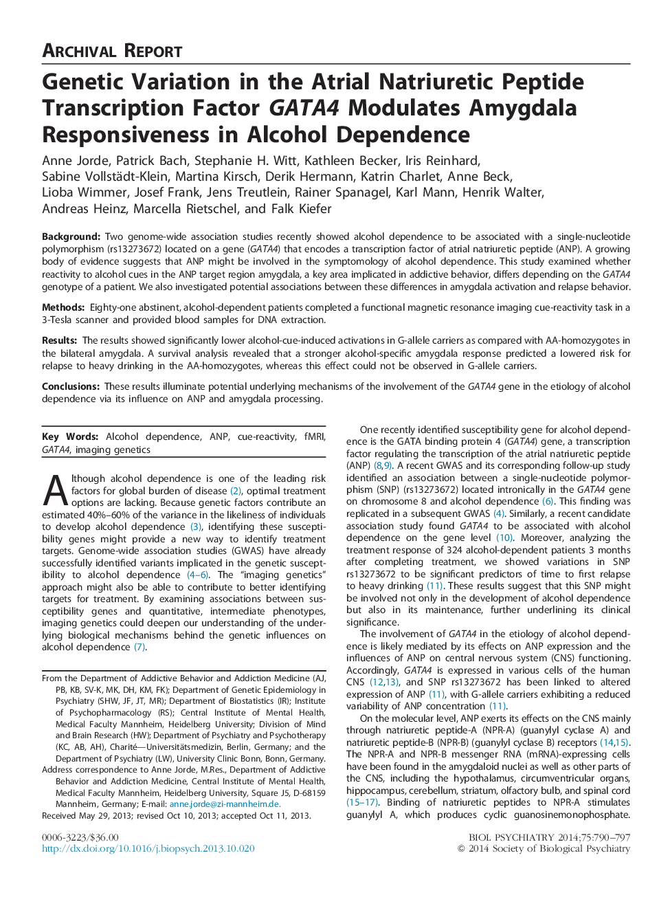 Genetic Variation in the Atrial Natriuretic Peptide Transcription Factor GATA4 Modulates Amygdala Responsiveness in Alcohol Dependence