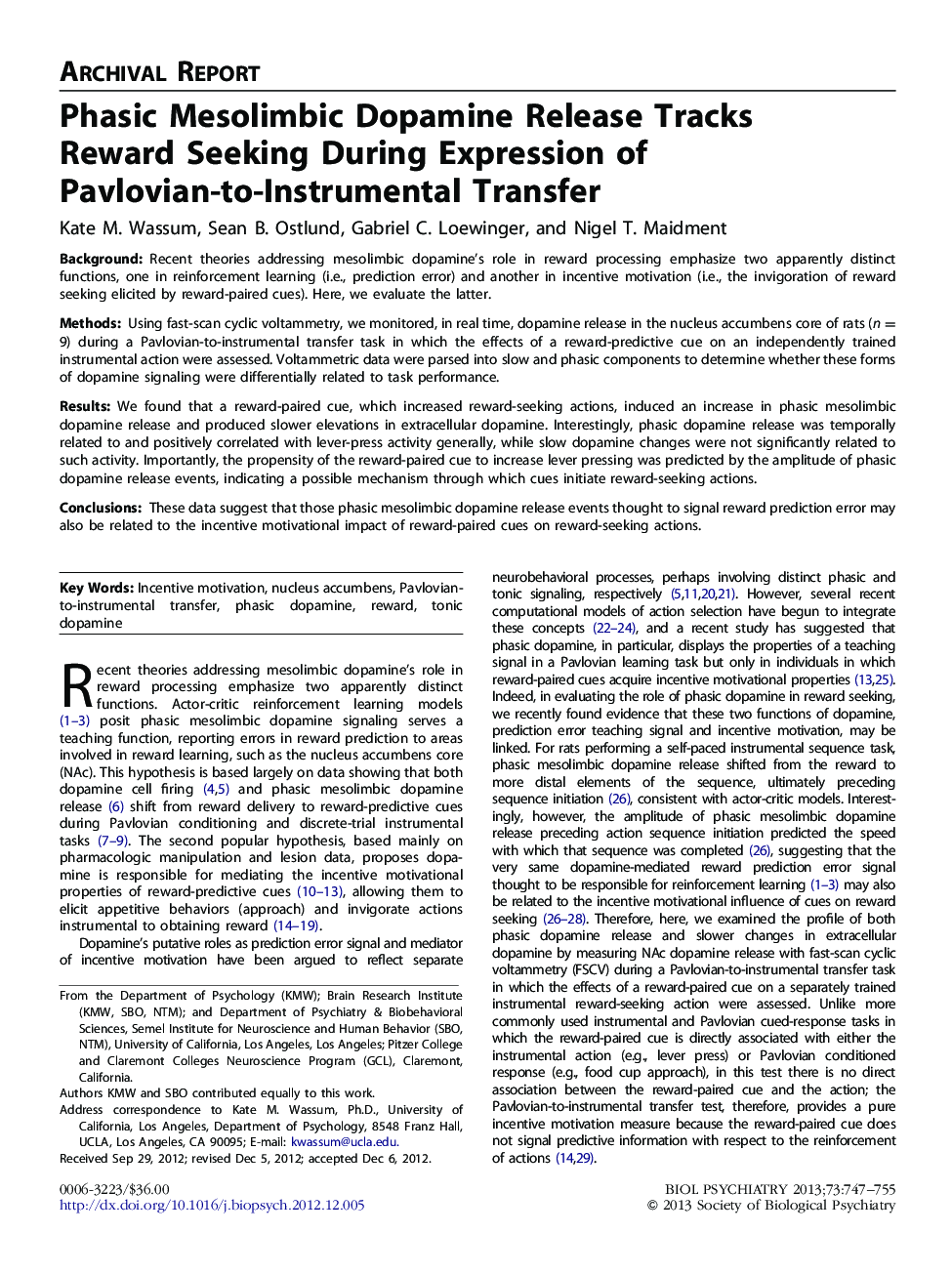 Phasic Mesolimbic Dopamine Release Tracks Reward Seeking During Expression of Pavlovian-to-Instrumental Transfer 