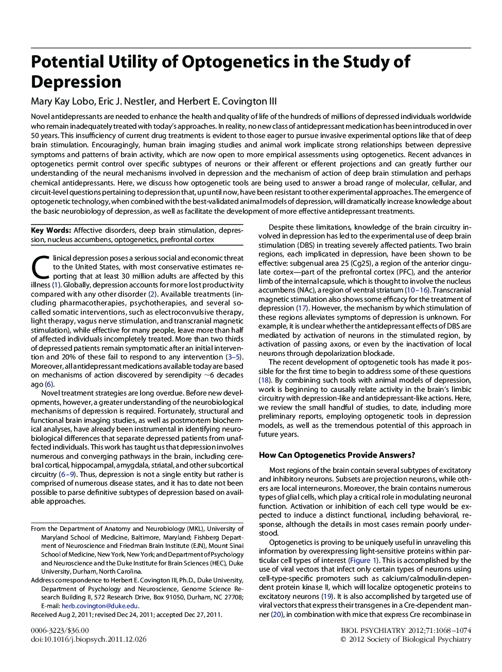 Potential Utility of Optogenetics in the Study of Depression