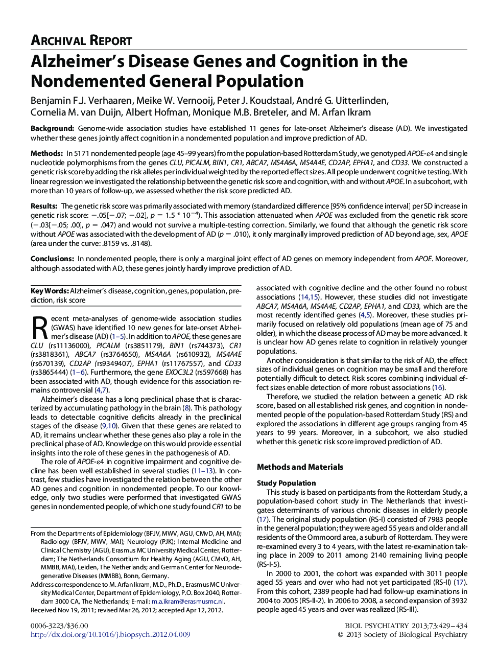 Alzheimer's Disease Genes and Cognition in the Nondemented General Population