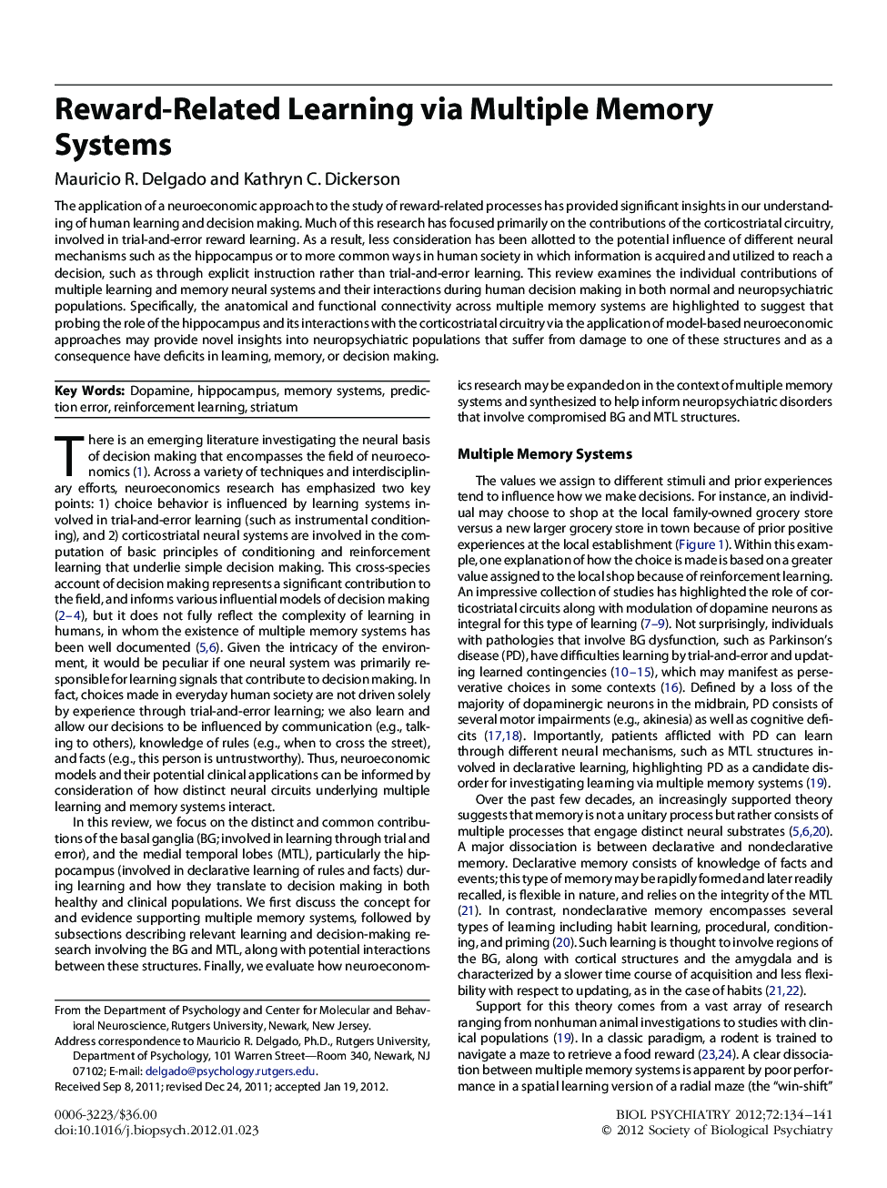 Reward-Related Learning via Multiple Memory Systems