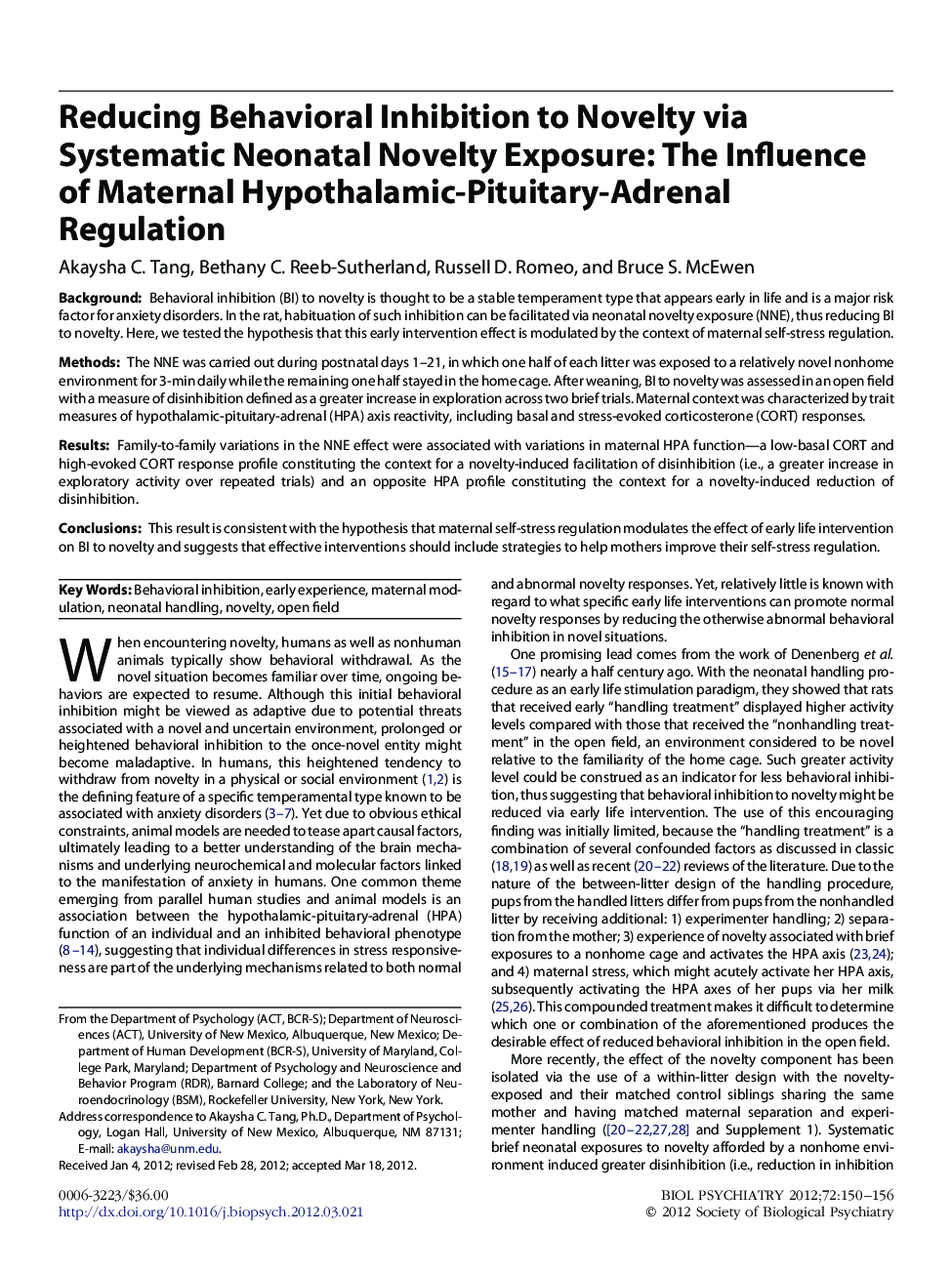 Reducing Behavioral Inhibition to Novelty via Systematic Neonatal Novelty Exposure: The Influence of Maternal Hypothalamic-Pituitary-Adrenal Regulation