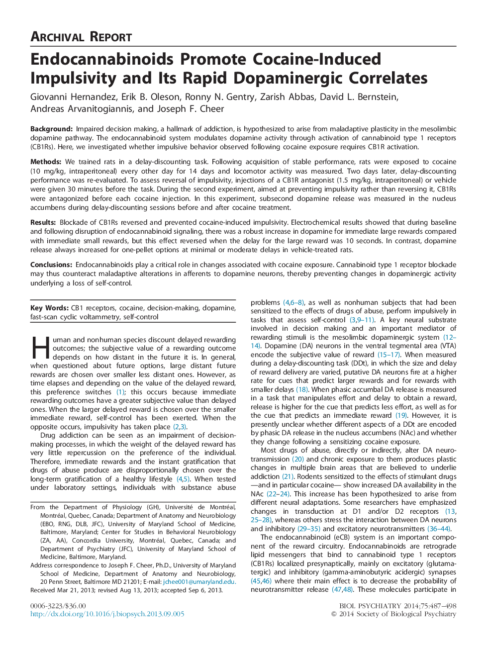 Endocannabinoids Promote Cocaine-Induced Impulsivity and Its Rapid Dopaminergic Correlates