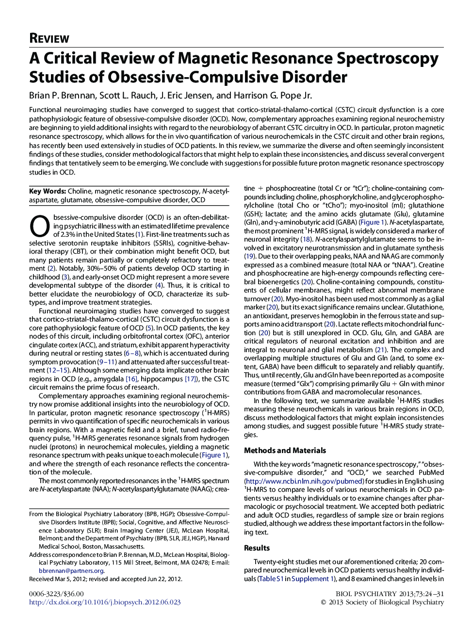 A Critical Review of Magnetic Resonance Spectroscopy Studies of Obsessive-Compulsive Disorder