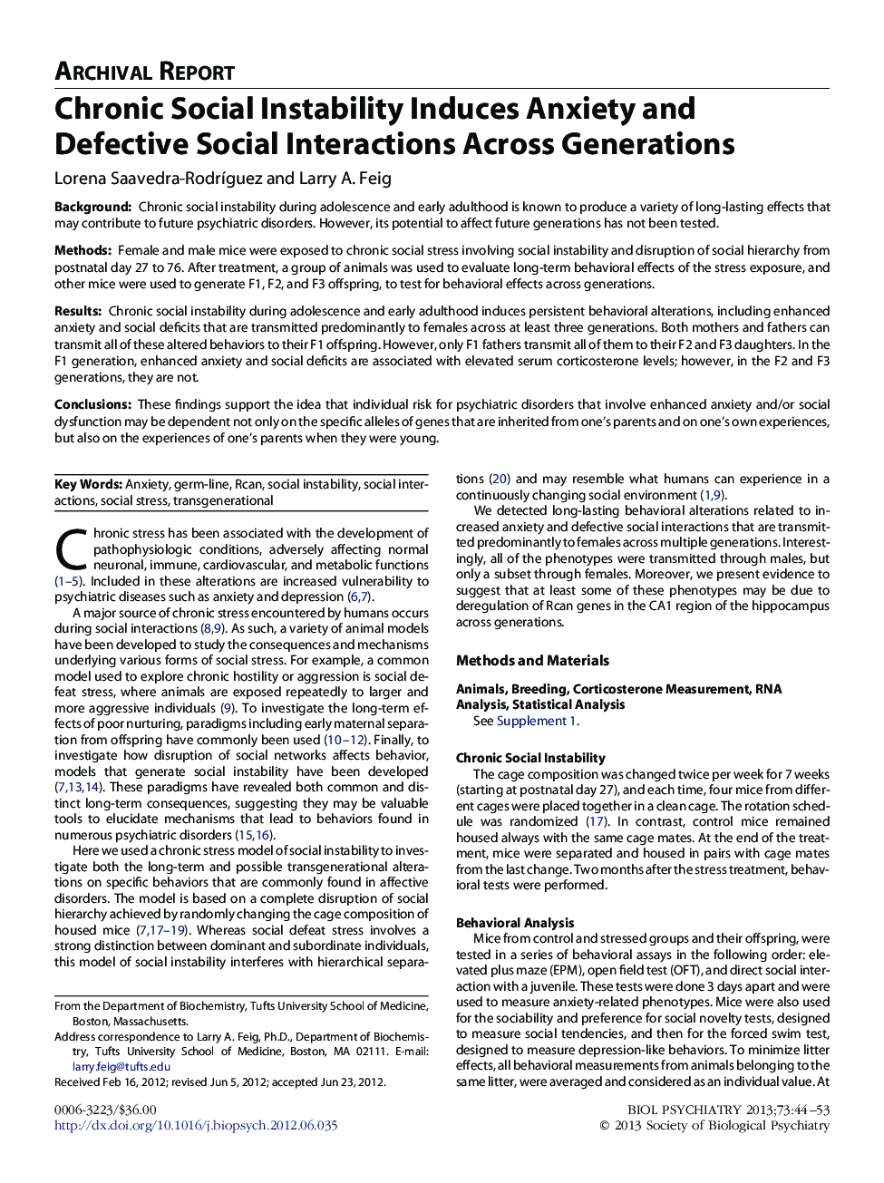 Chronic Social Instability Induces Anxiety and Defective Social Interactions Across Generations