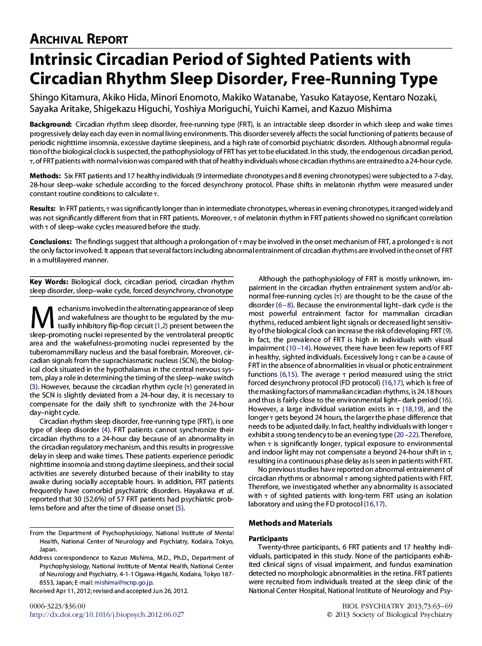 Intrinsic Circadian Period of Sighted Patients with Circadian Rhythm Sleep Disorder, Free-Running Type