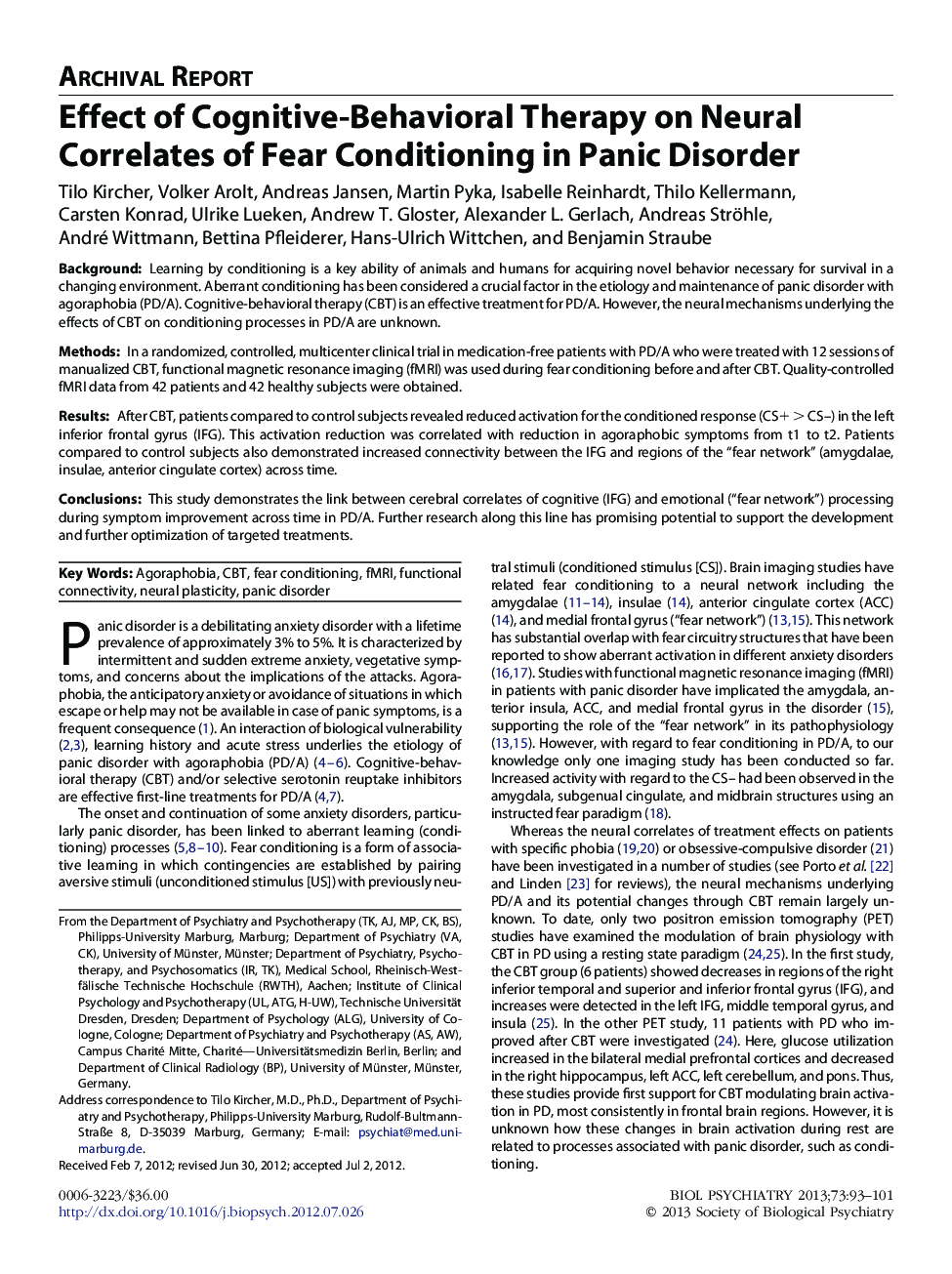 Effect of Cognitive-Behavioral Therapy on Neural Correlates of Fear Conditioning in Panic Disorder