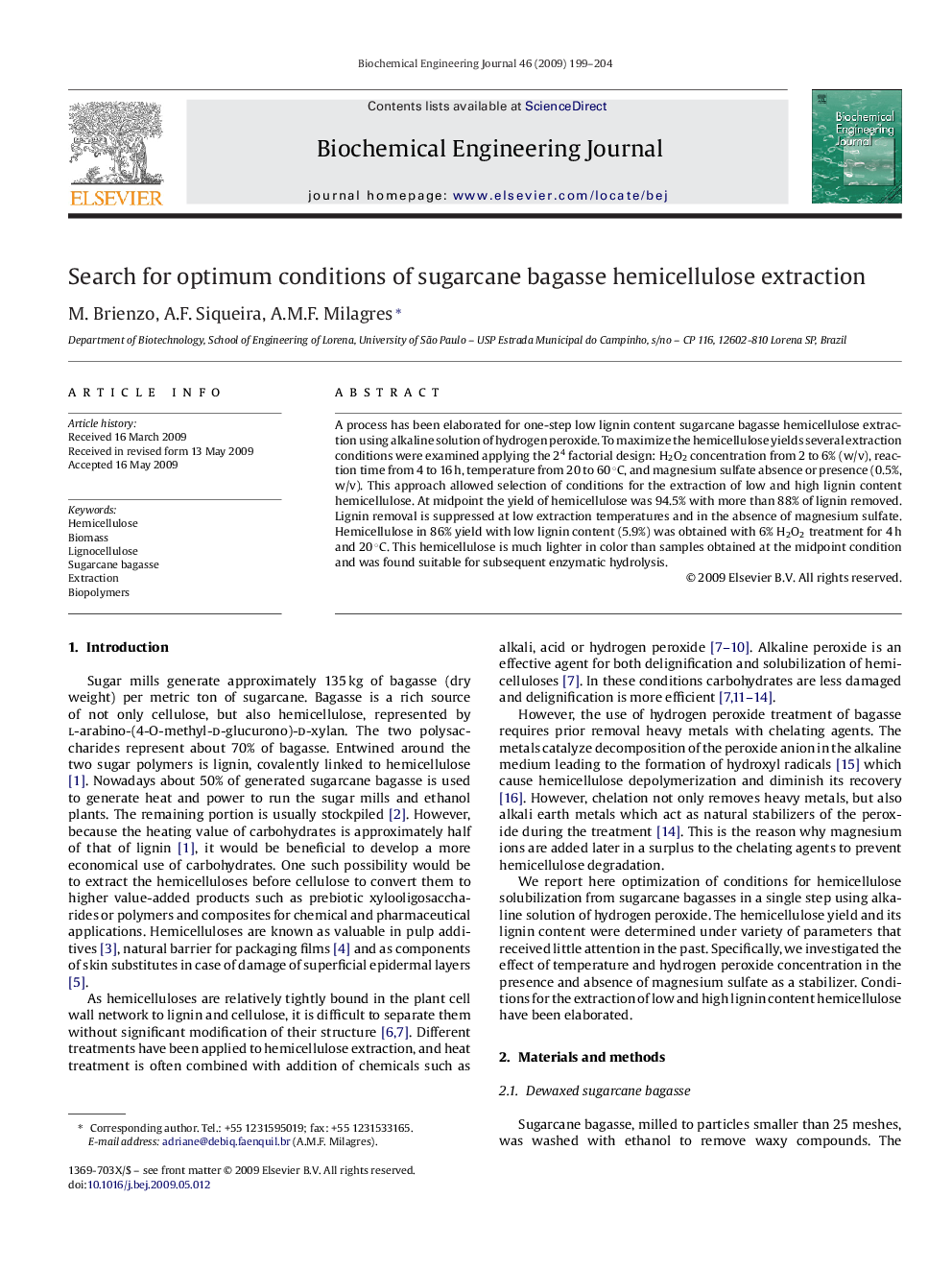 Search for optimum conditions of sugarcane bagasse hemicellulose extraction