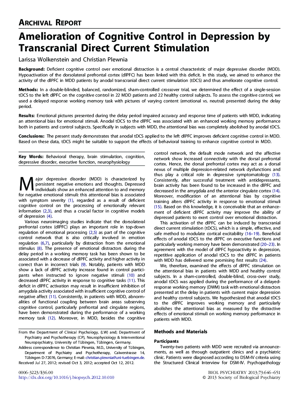 Amelioration of Cognitive Control in Depression by Transcranial Direct Current Stimulation