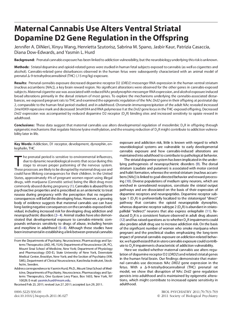 Maternal Cannabis Use Alters Ventral Striatal Dopamine D2 Gene Regulation in the Offspring