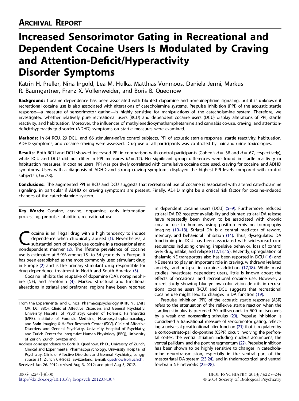 Increased Sensorimotor Gating in Recreational and Dependent Cocaine Users Is Modulated by Craving and Attention-Deficit/Hyperactivity Disorder Symptoms