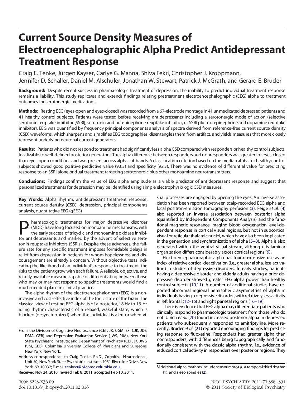 Current Source Density Measures of Electroencephalographic Alpha Predict Antidepressant Treatment Response