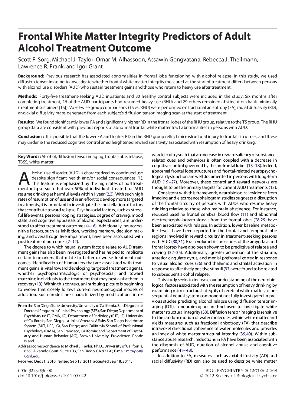 Frontal White Matter Integrity Predictors of Adult Alcohol Treatment Outcome