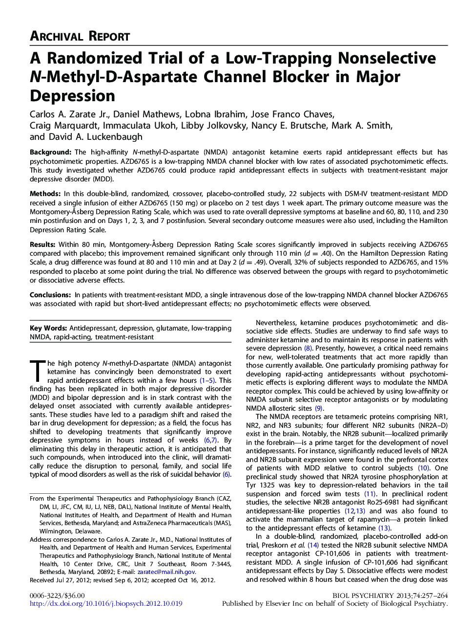 A Randomized Trial of a Low-Trapping Nonselective N-Methyl-D-Aspartate Channel Blocker in Major Depression