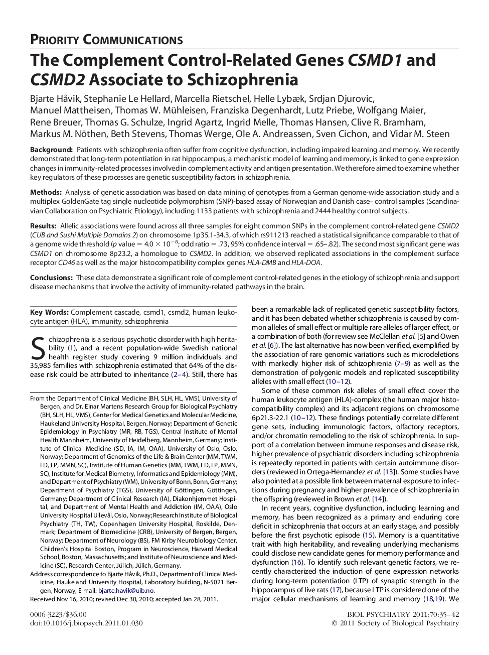 The Complement Control-Related Genes CSMD1 and CSMD2 Associate to Schizophrenia