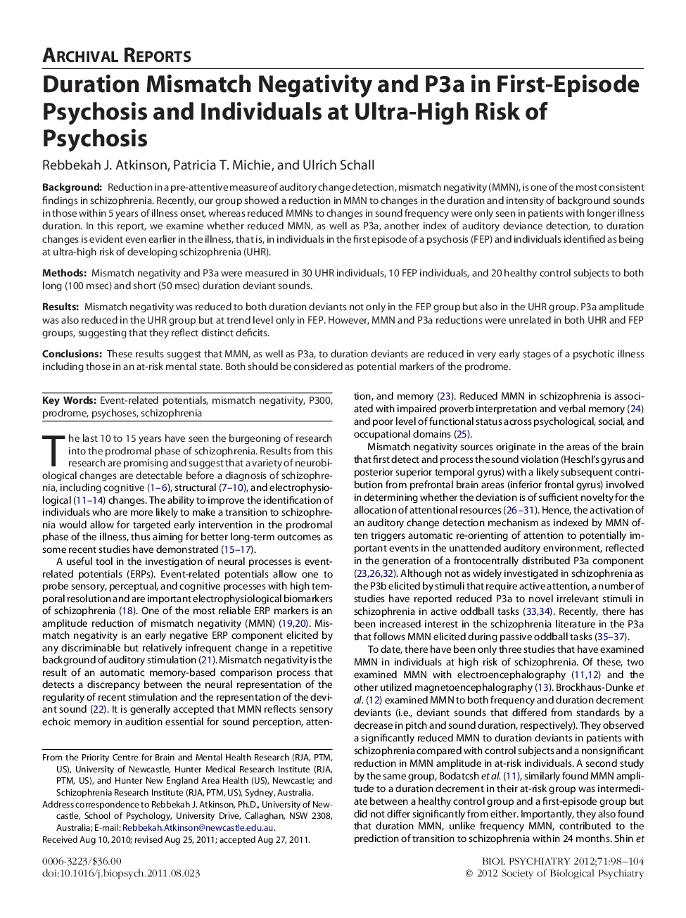 Duration Mismatch Negativity and P3a in First-Episode Psychosis and Individuals at Ultra-High Risk of Psychosis