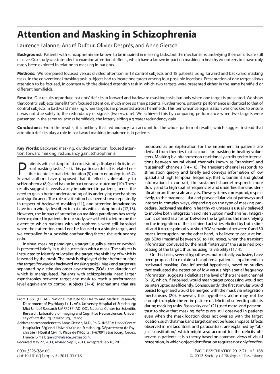 Attention and Masking in Schizophrenia