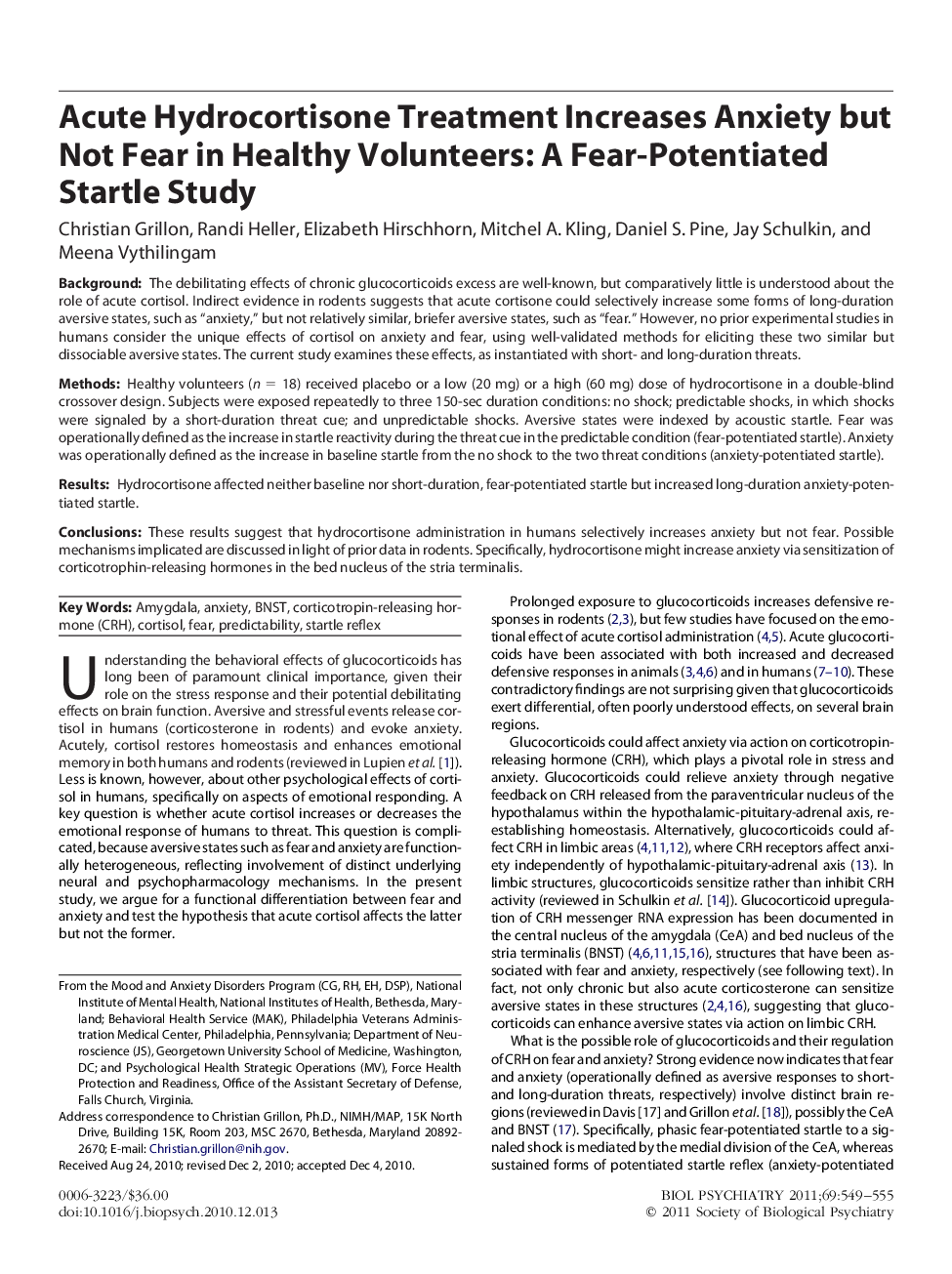 Acute Hydrocortisone Treatment Increases Anxiety but Not Fear in Healthy Volunteers: A Fear-Potentiated Startle Study