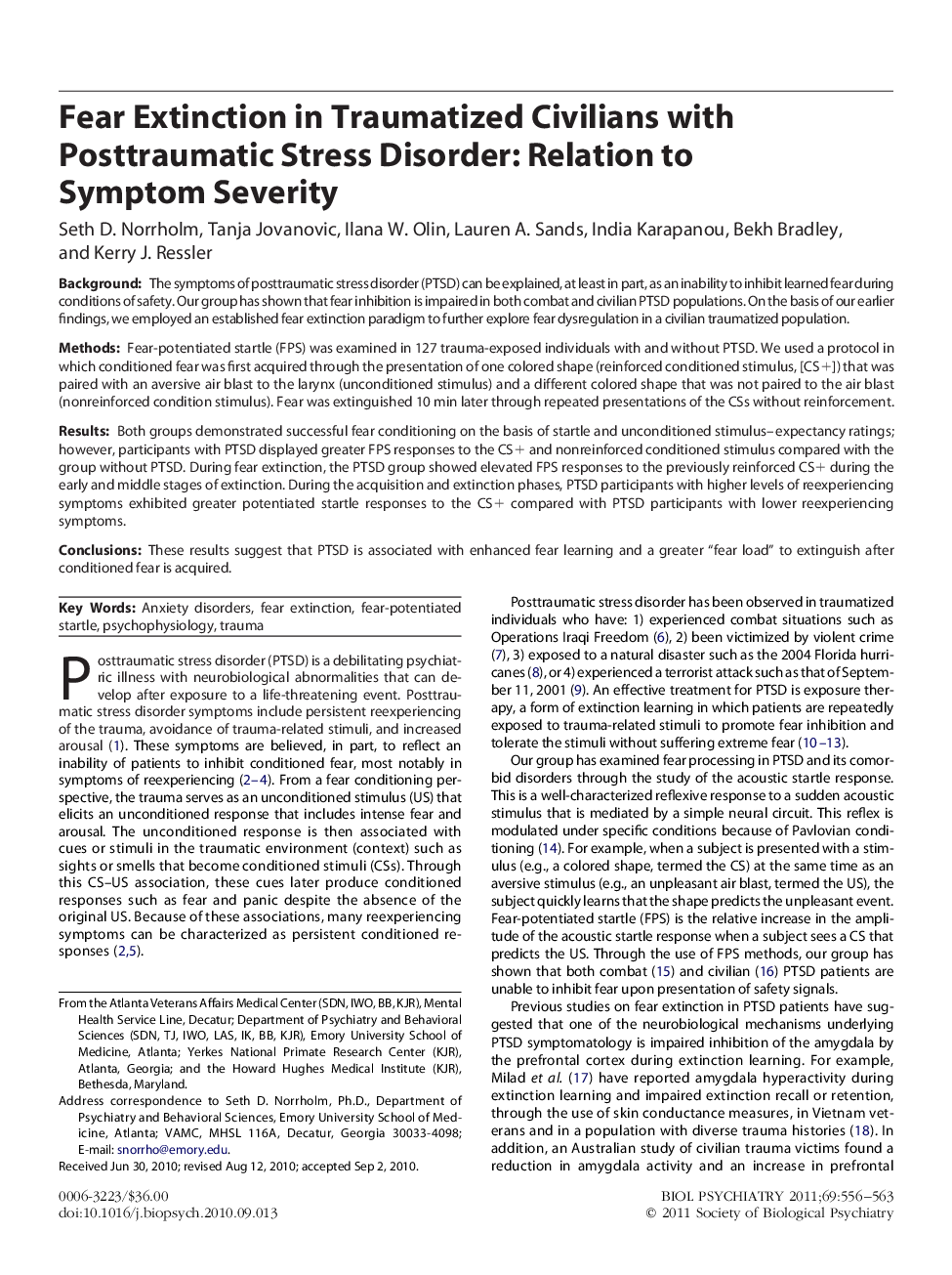 Fear Extinction in Traumatized Civilians with Posttraumatic Stress Disorder: Relation to Symptom Severity