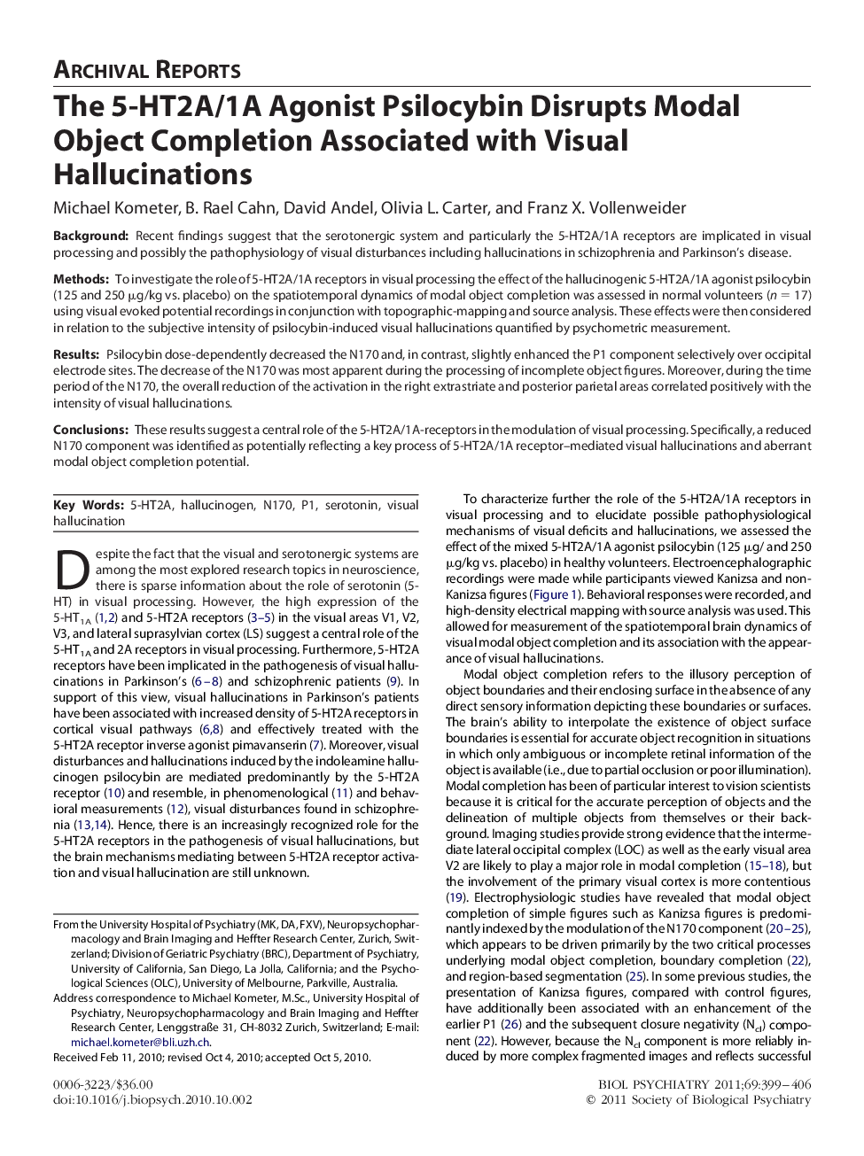 The 5-HT2A/1A Agonist Psilocybin Disrupts Modal Object Completion Associated with Visual Hallucinations