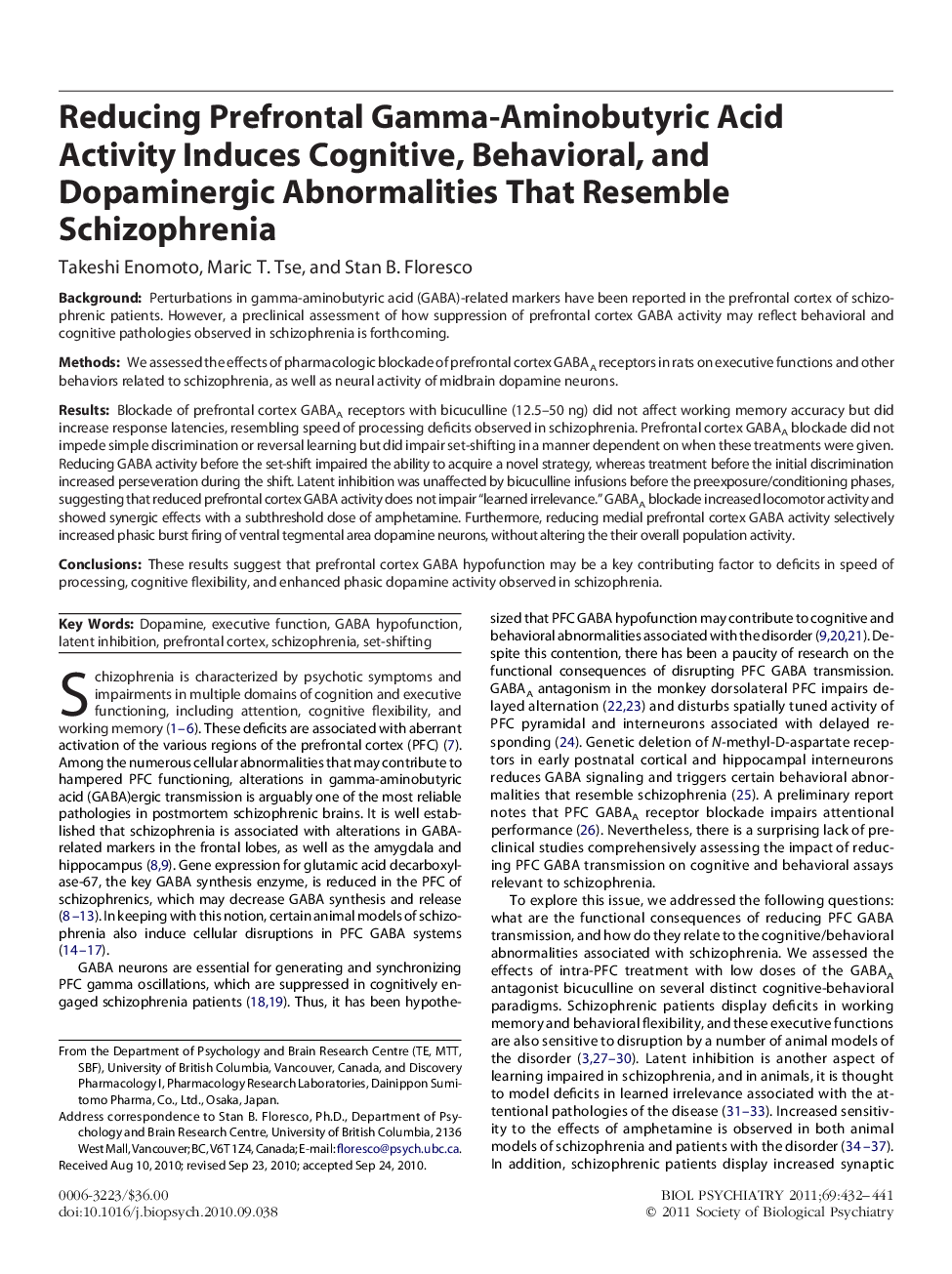 Reducing Prefrontal Gamma-Aminobutyric Acid Activity Induces Cognitive, Behavioral, and Dopaminergic Abnormalities That Resemble Schizophrenia