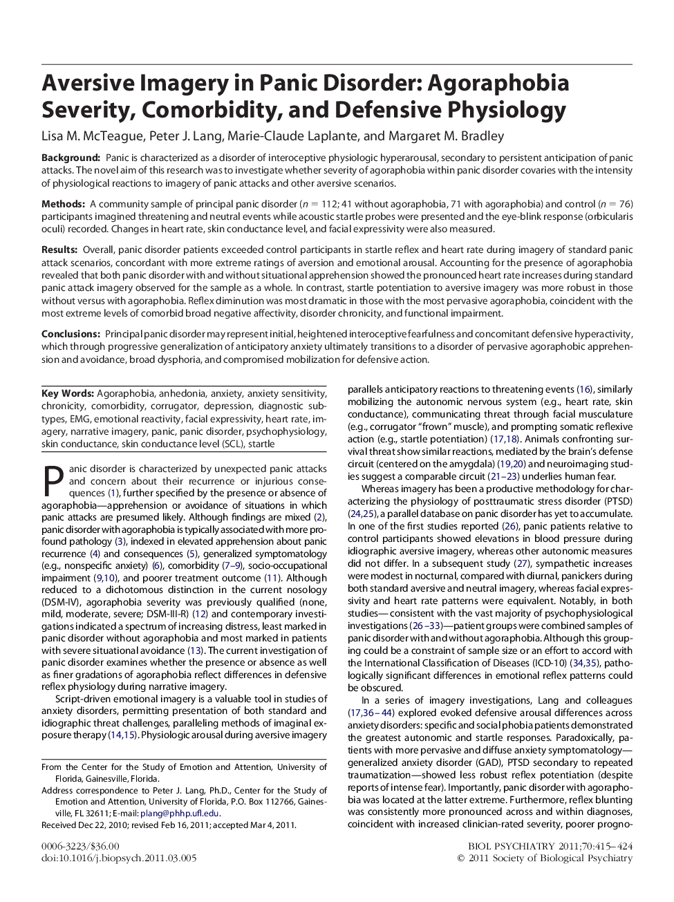 Aversive Imagery in Panic Disorder: Agoraphobia Severity, Comorbidity, and Defensive Physiology