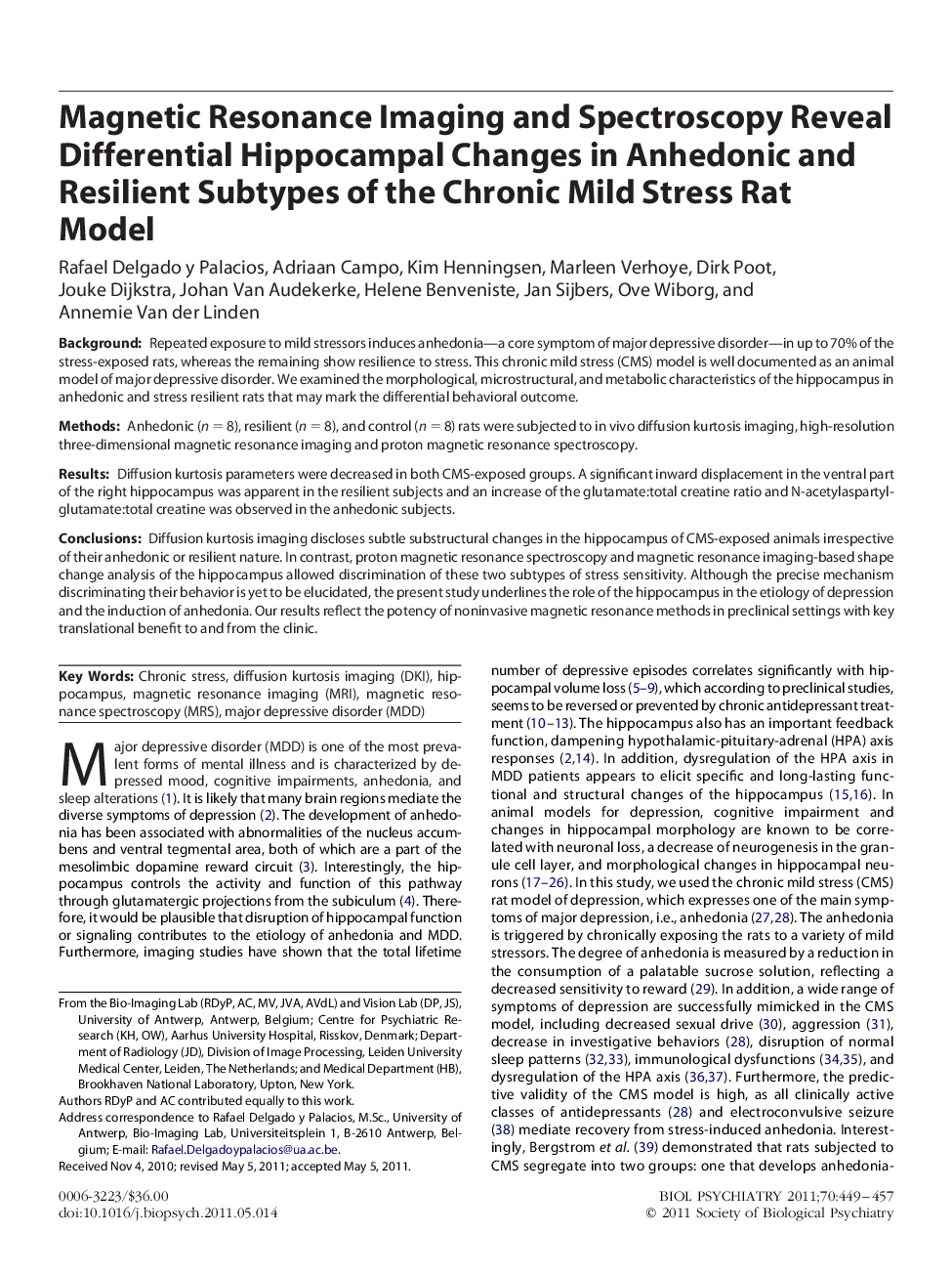 Magnetic Resonance Imaging and Spectroscopy Reveal Differential Hippocampal Changes in Anhedonic and Resilient Subtypes of the Chronic Mild Stress Rat Model 