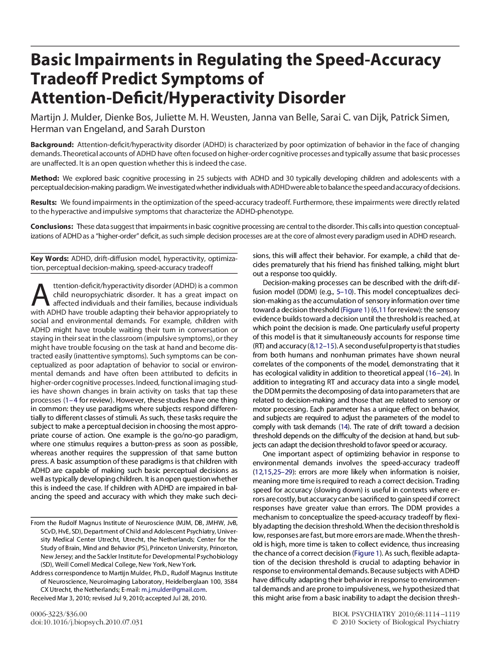 Basic Impairments in Regulating the Speed-Accuracy Tradeoff Predict Symptoms of Attention-Deficit/Hyperactivity Disorder