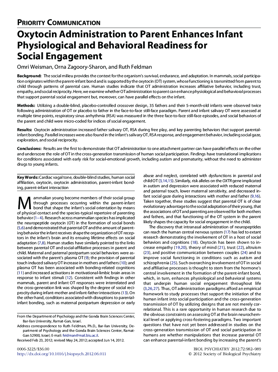 Oxytocin Administration to Parent Enhances Infant Physiological and Behavioral Readiness for Social Engagement