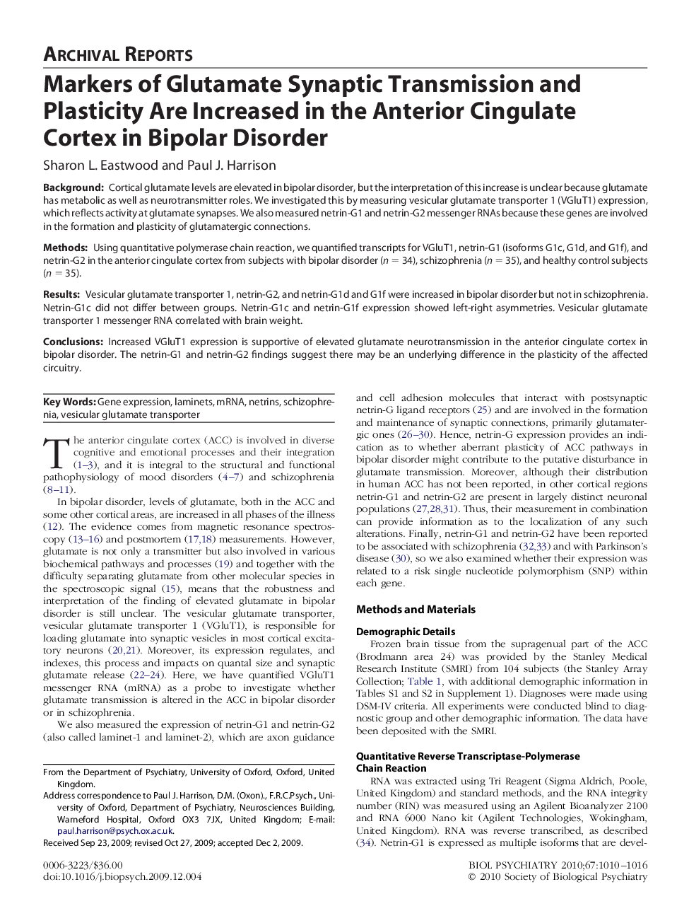 Markers of Glutamate Synaptic Transmission and Plasticity Are Increased in the Anterior Cingulate Cortex in Bipolar Disorder