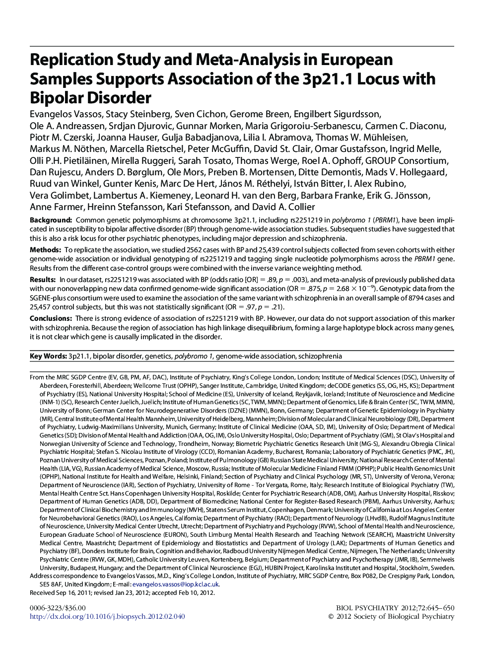Replication Study and Meta-Analysis in European Samples Supports Association of the 3p21.1 Locus with Bipolar Disorder